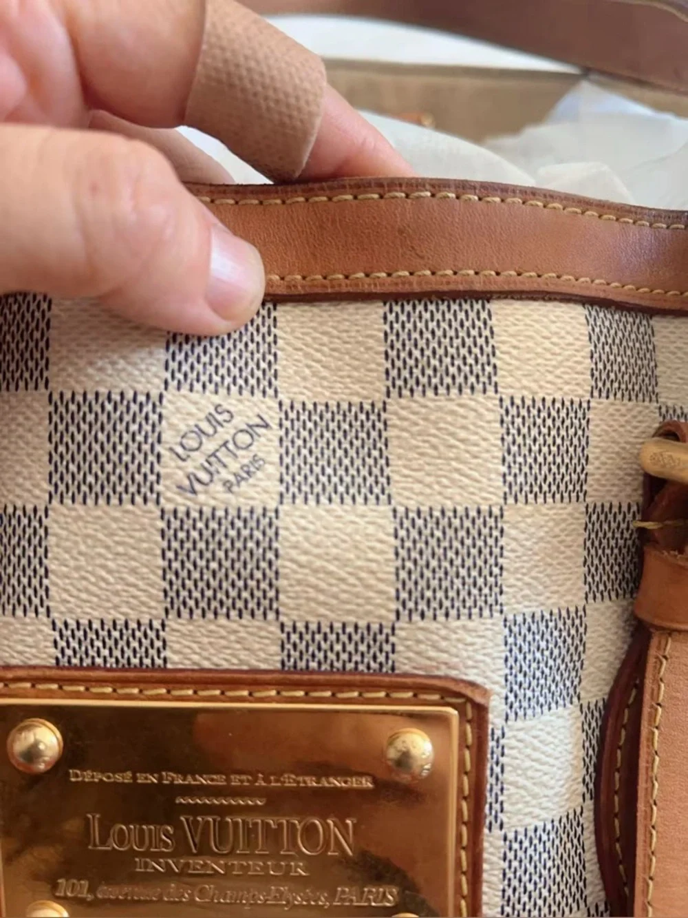LOUIS VUITTON Damier Azur Hampstead MM Bag  Tote Bag with Tan Trim - Beige/White